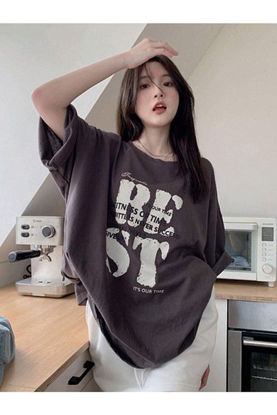 DUBU BUTİK Smoked Printed Best T-Shirt Oversize Crew Neck Short Sleeve