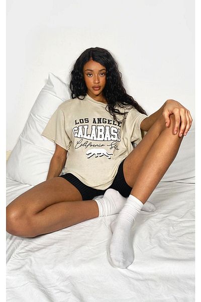 DUBU BUTİK T-shirt Mink Oversize Calabasas - Oversize Printed