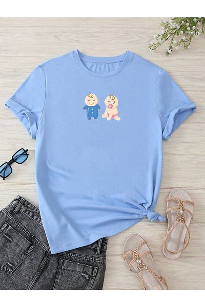 DUBU BUTİK Pregnant Gebe T-shirt Kids Printed - Baby Blue Crew Neck Oversize T-Shirt