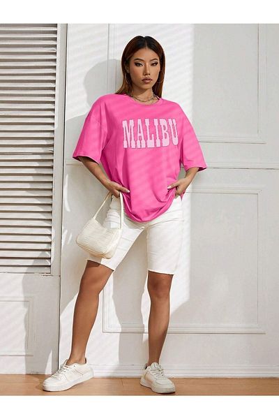 DUBU BUTİK Malibu T-shirt - Pink Printed Oversize Crew Neck Short Sleeve T-Shirt
