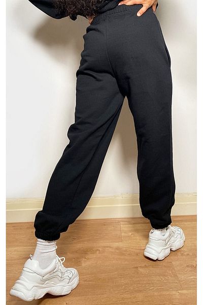 DUBU BUTİK Plt Design طقم رياضي سويت شيرت Jogger - أسود مطبوع كبير الحجم برقبة دائرية