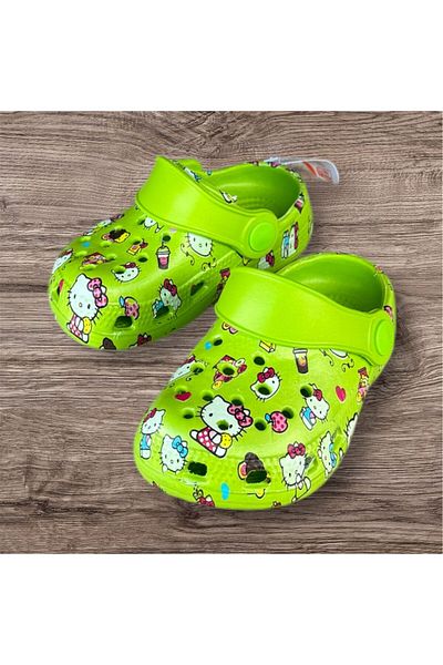 AkınalBella Akinalbella Baby Girl Green Hello Kity Printed Light Sole Closed Front Slippers Sandals