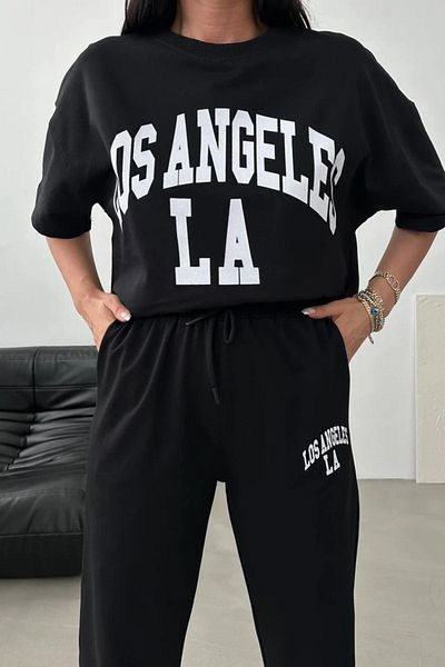 DUBU BUTİK Μπλουζάκι Los Angeles, Σετ αθλητικών παντελονιών με μαύρο στάμπα, μπλουζάκι Jogger Style και Cycling Yak.