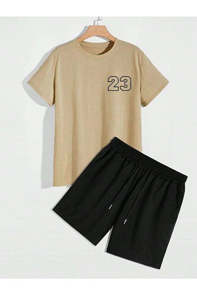 DUBU BUTİK 23 Number T-shirt Shorts - Mink Black Bottom Top Set Shorts T-shirt Combination Printed Crew Neck