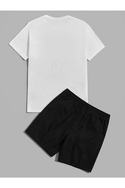 DUBU BUTİK Find Your Way T-shirt Shorts - White Black Bottom Top Team Shorts T-shirt Combo Printed Crew Neck