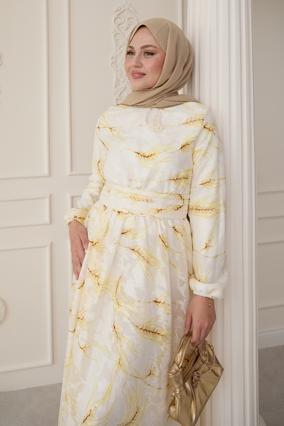 InStyle Ribbed Waist Detail Oil Green Chiffon Dress