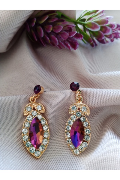 Stylish earring with purple stone top leaf swinging
