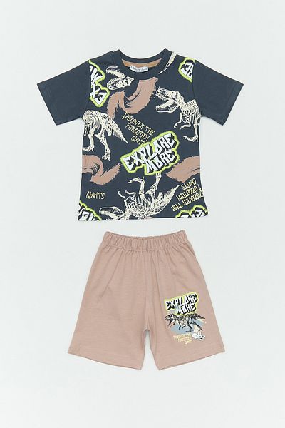Fulla Moda Lettering and Dinosaur Printed Boy's Shorts Suit