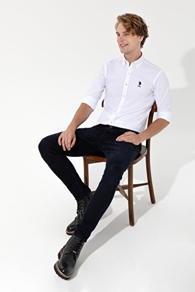 U.S. Polo Assn. U.S. POLO ASSN. DOKUMA KUMAŞ PAMUKLU REGULAR  BEYAZ GÖMLEK