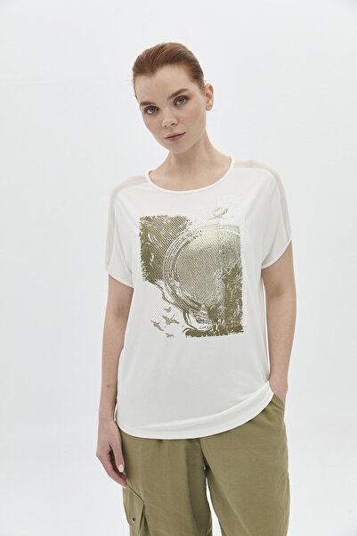 DAIDO Жіноча блуза з об'ємним коміром 5820 - Передня частина з сітчастими паєтами