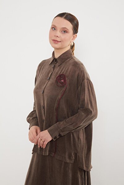 Levidor Brown Cupra Skirt Set with Rose Detail on the Front and Buttons
