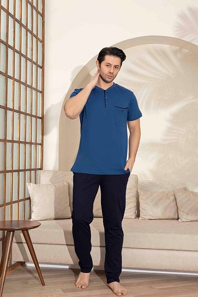 Tarık Set de pijamale pentru bărbați, albastru indigo, cu mâneci scurte, din bumbac pieptănat