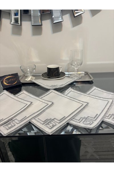 ARS HOME DEKOR منديل كوكتيل، منديل صينية قهوة من سلسلة خاصة مربعة مطرزة باللون الفضي، منديل تقديم مكون من 6 قطع، أنيق