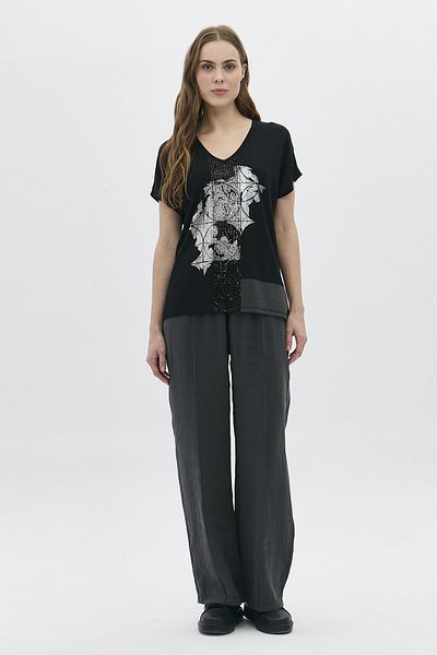 DAIDO 3828 Anthracite Women's Wide Leg Front Stitched Pocket Trousers