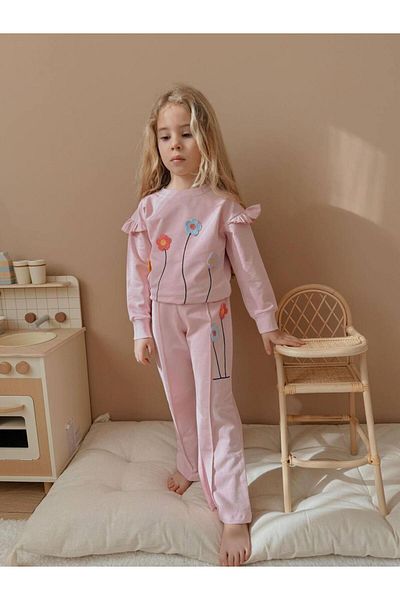YİGİT BUTİK Floral Embroidered Ruffled Girl's Bottom and Top Set