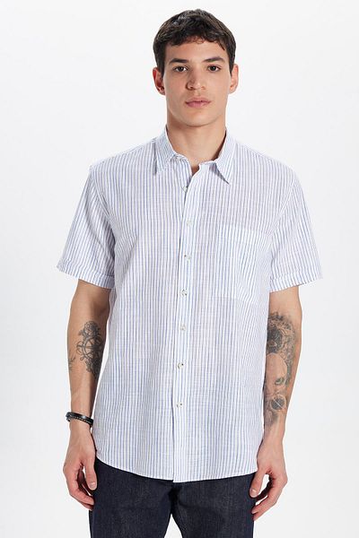 Tudors Men's Regular Fit Classic Cut 100% Cotton Short Sleeve Linen Texture Single Pocket Striped Navy Blue Shirt