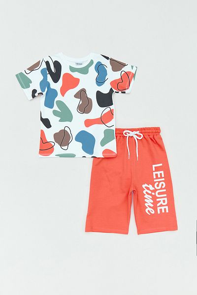 Fulla Moda Patterned Crew Neck 2-Piece Boy's Shorts Suit