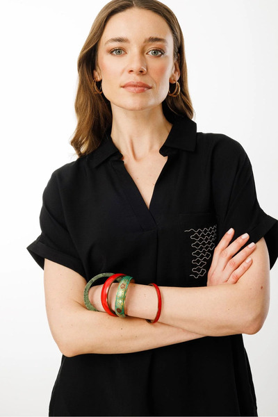 Desen Triko Women's Black Polo Neck Dress with Pocket Chain Detail 25819