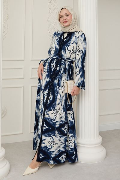 InStyle Φόρεμα με έθνικ σχέδιο Navy Blue Viscose με παπιγιόν στο μπροστινό μέρος