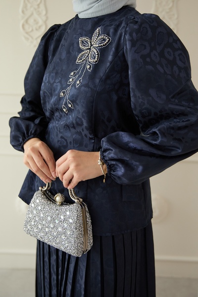 InStyle Navy Blue Suit with Leopard Patterned Jacquard Skirt