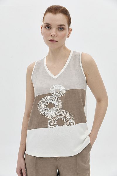 DAIDO Women Ecru Sleeveless V Neck Blouse 4712 Print on Patterned