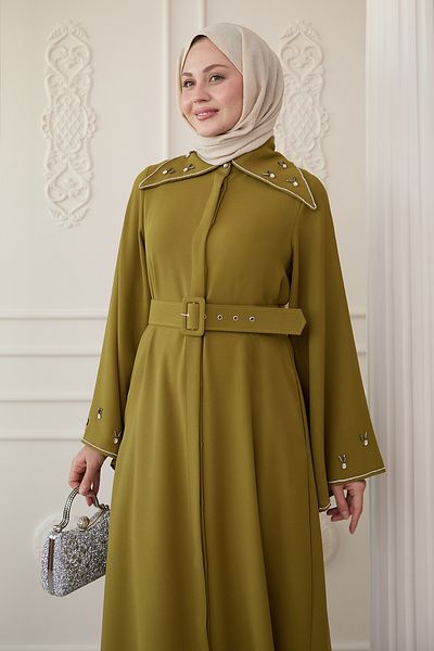 InStyle Triangle Collar Stone Oil Green Abaya