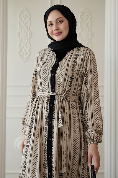 InStyle Rochie din viscoză bej cu modele cu plăcuțe colorate