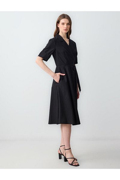 Jimmy Key Black Relaxed Cut Wrap Collar Lace up Waist Cotton Dress