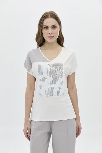 DAIDO Women Ecru V Neck Low Sleeve Blouse 5813 Stones and Printed