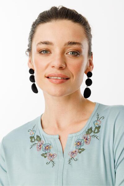 Desen Triko Γυναικεία Βαμβακερή Μπλούζα με Κέντημα με Ανοιχτό Γιακά 25701 Μέντα