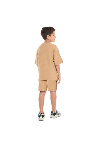 Victor and Jane Boys' Jacquard Set – Sand Color Striped Design with Textured Material