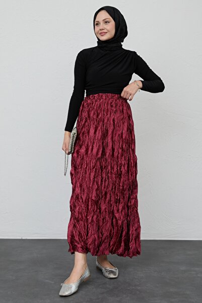 InStyle Σατέν Κρασ Μπορντό Φούστα με Πέρλες
