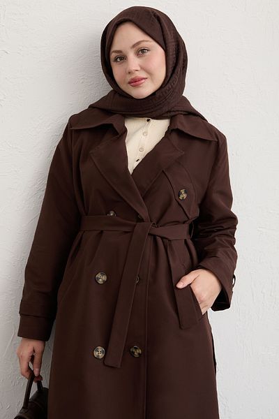 InStyle Bitter Brown Trench Coat with Cross Pocket Detail