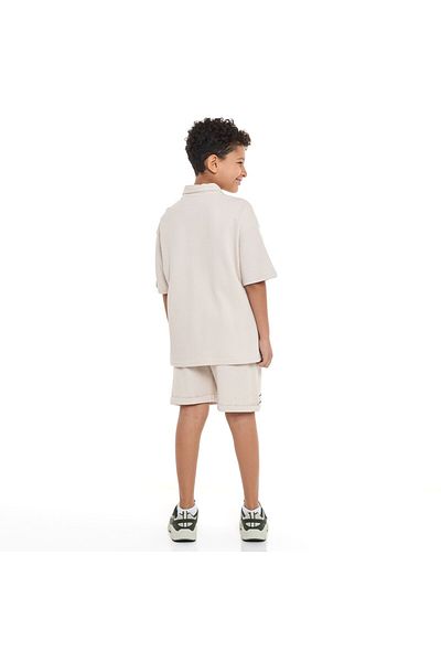 Victor and Jane Boys' Jacquard Set – Beige 2-Piece Outfit with Patch Polo T-shirt and Shorts