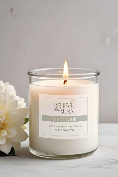 Believe Your Aura Paçuli Kokulu Büyük Kavanoz Mum - %100 Doğal Soya Mumu Ahşa...