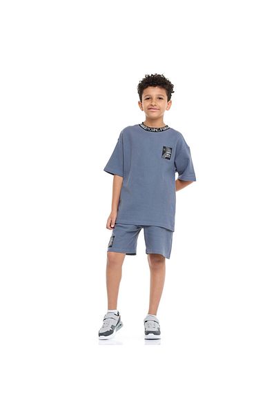 Victor and Jane Boys' Cord Set – Dark Blue T-Shirt and Shorts Outfit with Label Detail