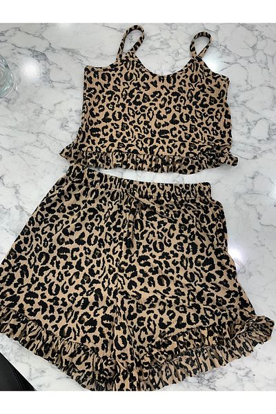 iyzi Women's Leopard Shorts Crop Suit Mini Pajamas