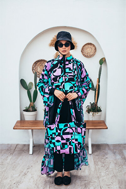 MASSMİZO Nova Women's Short Patterned Zippered Fully Covered Hijab Swimsuit Set of 3