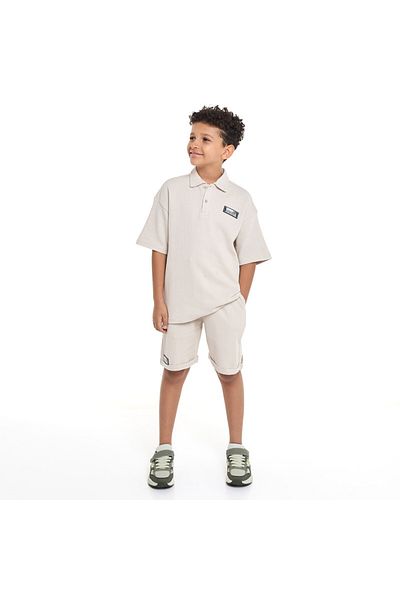 Victor and Jane Boys' Jacquard Set – Beige 2-Piece Outfit with Patch Polo T-shirt and Shorts