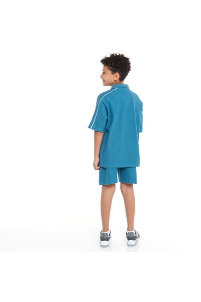 Victor and Jane Boys' Jacquard Set – Teal 2-Piece Outfit with Pockets, Polo T-Shirt With Half  Zipper and Shorts