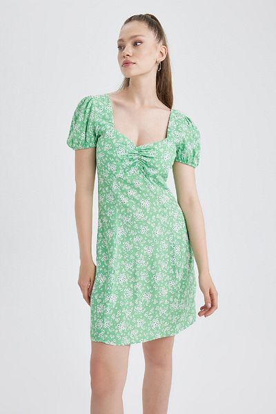 DeFacto Sweetheart Collar Floral Mini Dress - Short Sleeve, Maroken Tyc13gb4vn 168790710816920