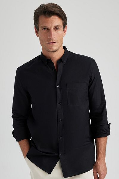 DeFacto Κανονική εφαρμογή Polo Neck Oxford Basic μασίφ μακρυμάνικο πουκάμισο A8028ax23au