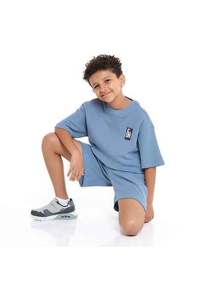 Victor and Jane Boys' Cord Set – Light Blue T-Shirt and Shorts Outfit with Label detail