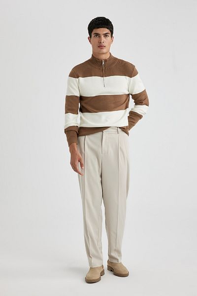 DeFacto Standard Fit Regular Cut Striped Stand Collar Zippered Knitwear Sweater A9518Ax23Wn