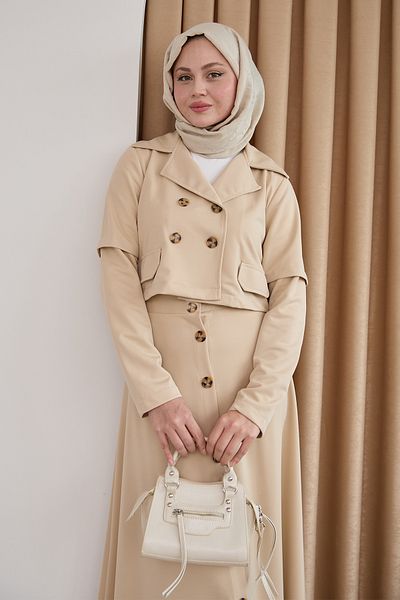 InStyle تنورة بأزرار بيج بدلة مزدوجة