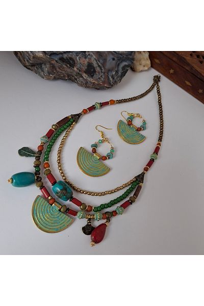 azra takı tasarım Bohemian Ethnic Women's Necklace and Earring Set - Authentic Handmade