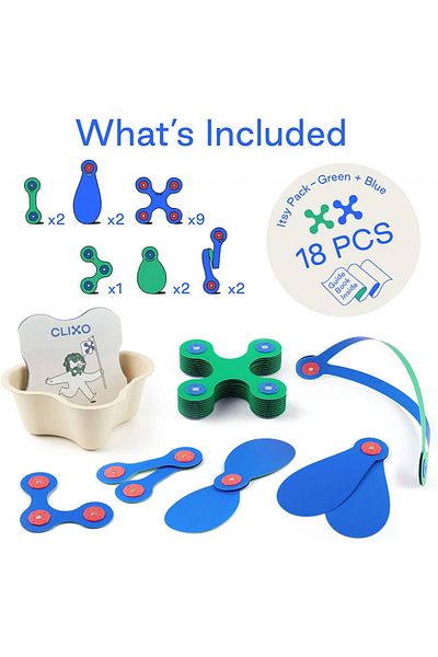 Clicstoys Clixo Magnetic Building Set, Itsy Pack Blue-Green 18