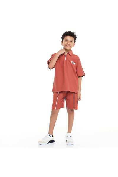 Victor and Jane Boys' Jacquard Set – Rust 2-Piece Outfit with Pockets, Polo T-Shirt With Half  Zipper and Shorts