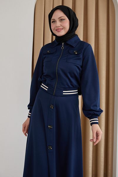InStyle Ribbed Buttoned Navy Blue Double Suit