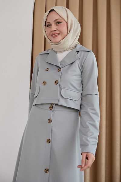 InStyle تنورة بأزرار رمادية بدلة مزدوجة